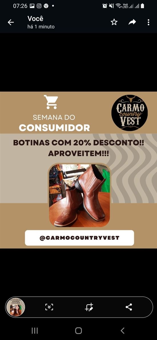 Semana do Consumidor, vc que é tão importante para nós. E pra comemorar faremos uma semana especial pra vc!! E pra começar, todas as botinas, femininas e masculinas, com 20%desconto, durante essa semana ou enquanto durar o estoque. Aproveitem!!