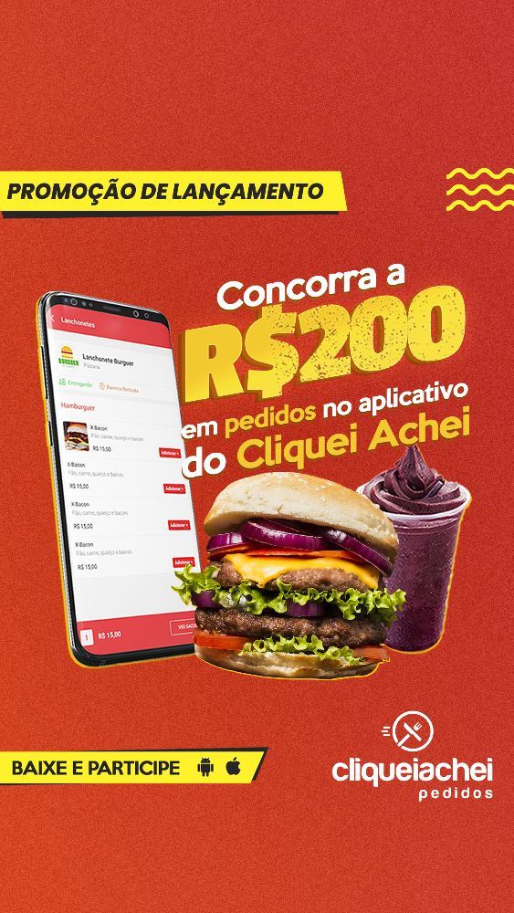 Ganhe 200 reais
Sorteio dia 20/09/2020 às 15:00

Como participar:
Para participar basta baixar o Cliquei Achei na Play Store, Appstore ou em https://cliqueiachei.com.br/aplicativos, curtir a imagem da promoção no Storie do aplicativo e aguardar a data do sorteio. Boa sorte!

Concorra a:
1 Vale Compras de R$ 200,00

Regulamento do Cliquei Achei
O ganhador será desclassificado e perderá o direito ao prêmio caso o WhatsApp informado no aplicativo Cliquei Achei esteja errado, pois usamos o WhatsApp como forma de validar a identidade do ganhador no momento do sorteio.