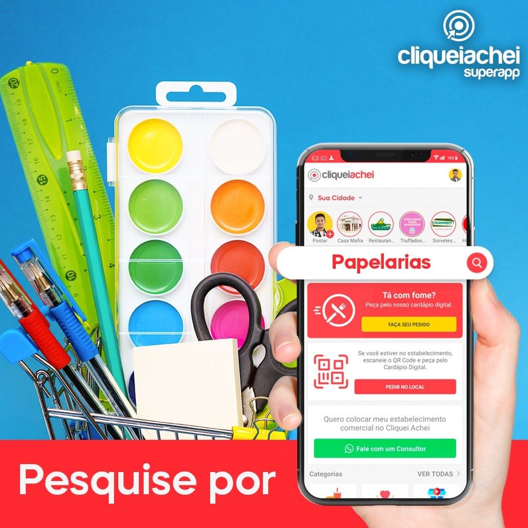 As melhores papelarias da cidade estão no SuperApp Cliquei Achei.