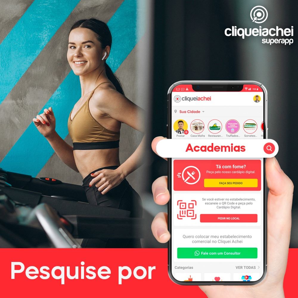 Encontre as melhores academias da cidade no SuperApp Cliquei Achei.