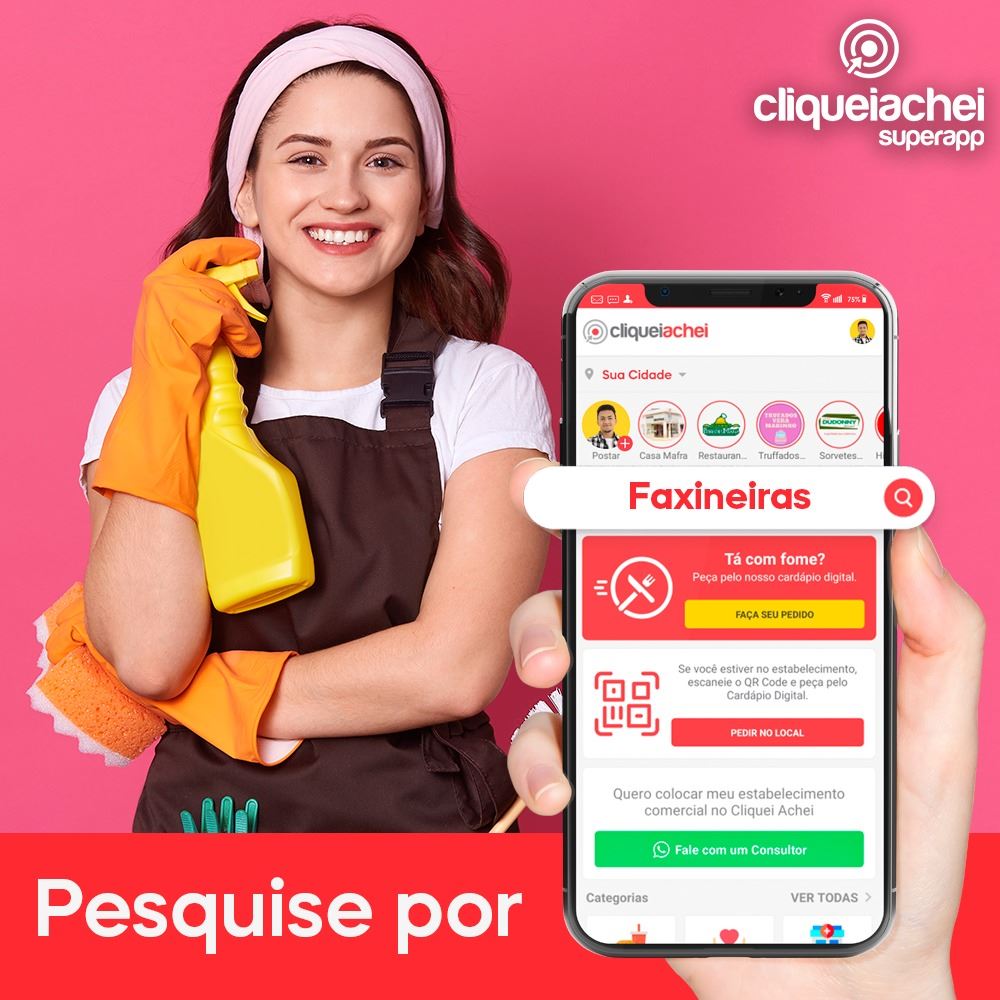 As melhores faxineiras da cidade estão no SuperApp Cliquei Achei, baixe grátis agora.