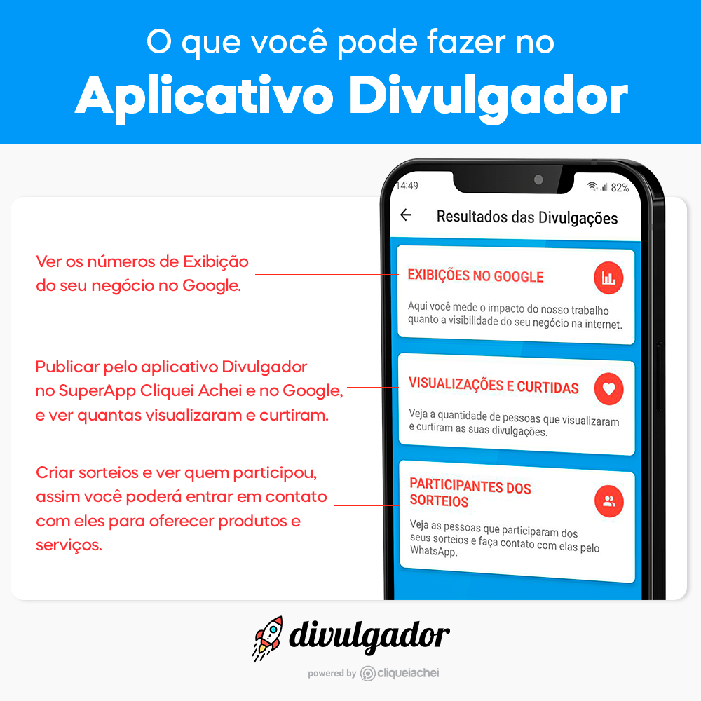 Estamos sempre criando produtos para te ajudar a divulgar o seu negócio, gastando muito pouco. Baixe grátis o Divulgador de Empresas no seu celular e alcance mais pessoas com poucos cliques.