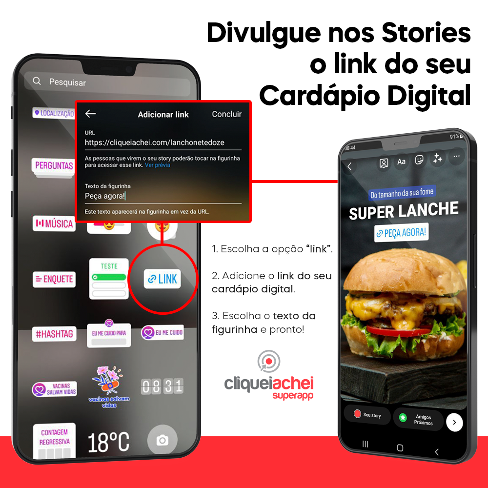 Além de divulgar o link do seu Cardápio Digital nos Stories, você também pode colocar na bio do Instagram. Estimule seus clientes a fazer os pedidos de forma prática e descomplicada.