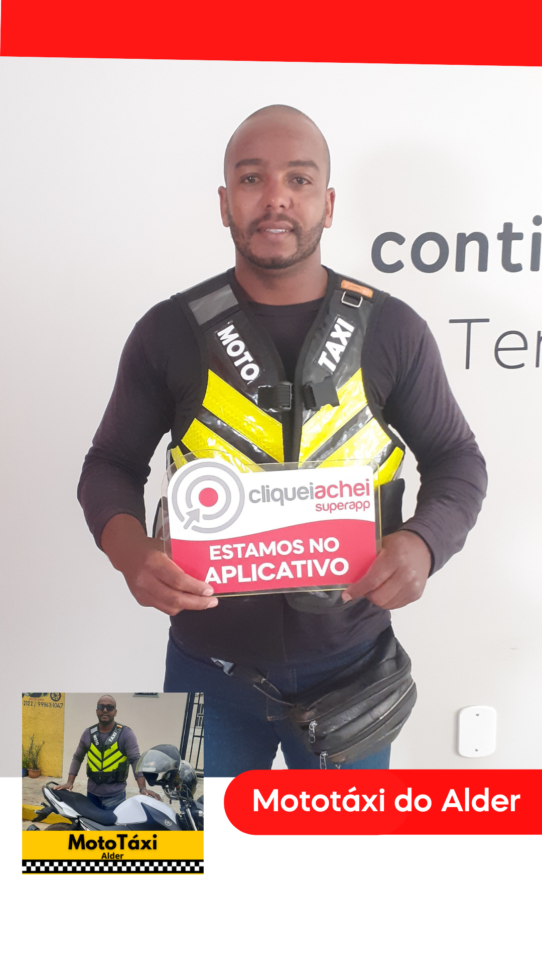 O Mototáxi do Alder também está no Cliquei Achei!
Corridas rápidas e seguras.
Acesse cliqueiachei.com/aldermototaxi e peça sua corrida!

Obrigada Alder pela confiança!