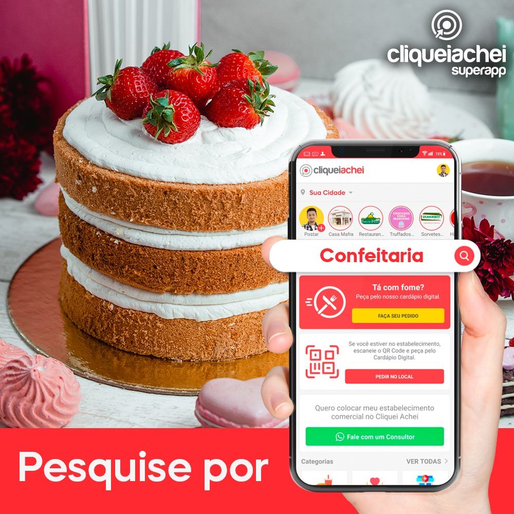 Encontre as confeitarias da cidade no SuperApp Cliquei Achei.