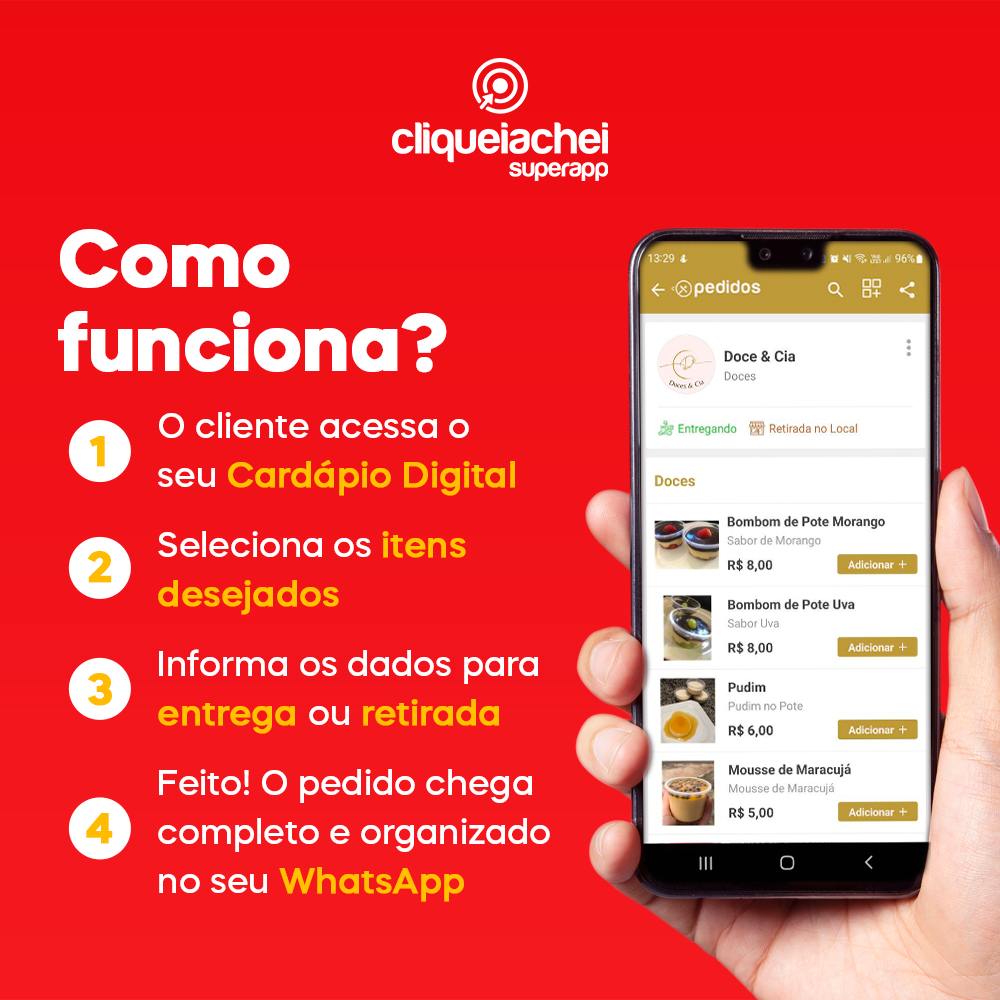 O nosso Cardápio Digital foi criado para facilitar a sua vida trabalhando com Delivery! E tudo isso pagando muito pouco, entre em contato.