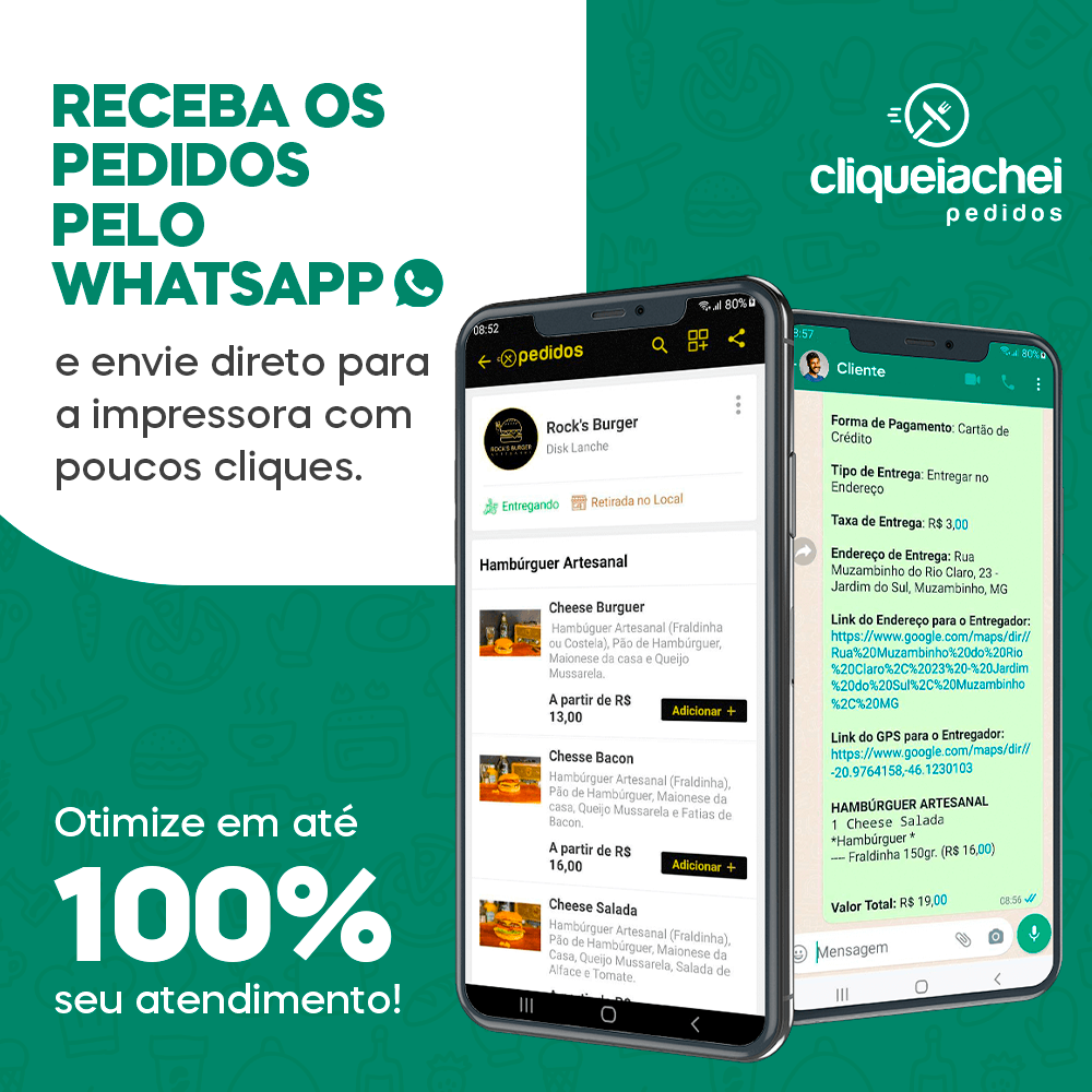 Não tem praticidade maior do que receber os pedidos do seu delivery no WhatsApp, organizados e prontinhos para a impressão. ??

Esse e outros benefícios estão disponíveis ao trazer o seu negócio para o Cliquei Achei.